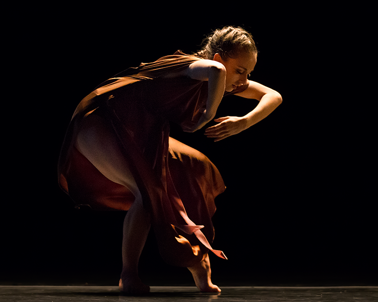 The solo dancer is in profile, body perpendicular to the floor,knees bent, the dance peers reflectively downward as. her elbows are bent forward, her fingers reach toward her center.